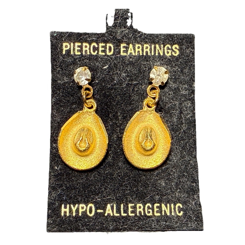 Vintage Gold Tone and Rhinestone Cowboy Hat‎ Dangling Earrings J16-9